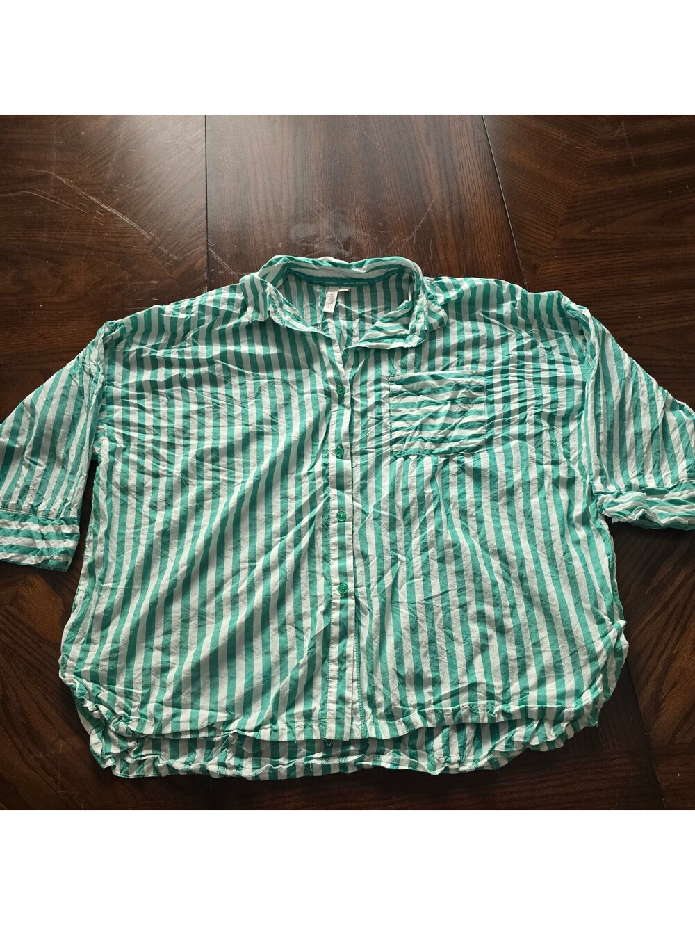 Allison Daley green and white striped button blouse XL top